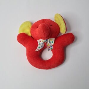 Eden Toys Vintage Red Elephant Plush Baby Rattle Yellow Ears Polka Dot Bow 6"